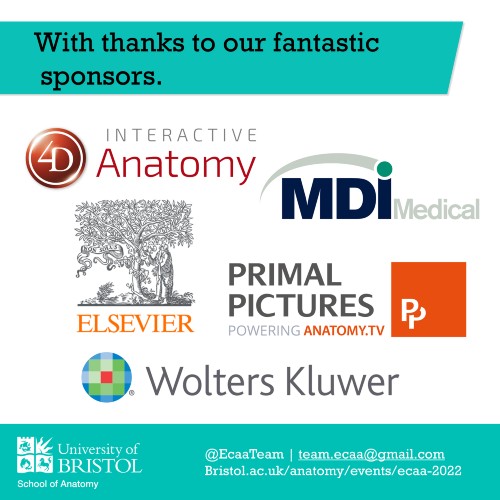 Image displaying the sponsors for 2022's ECAA. The sponsors are: Wolters Kluwer, Elsevier, MDI Medical, Primal Pictures and 4D Interactive Anatomy.